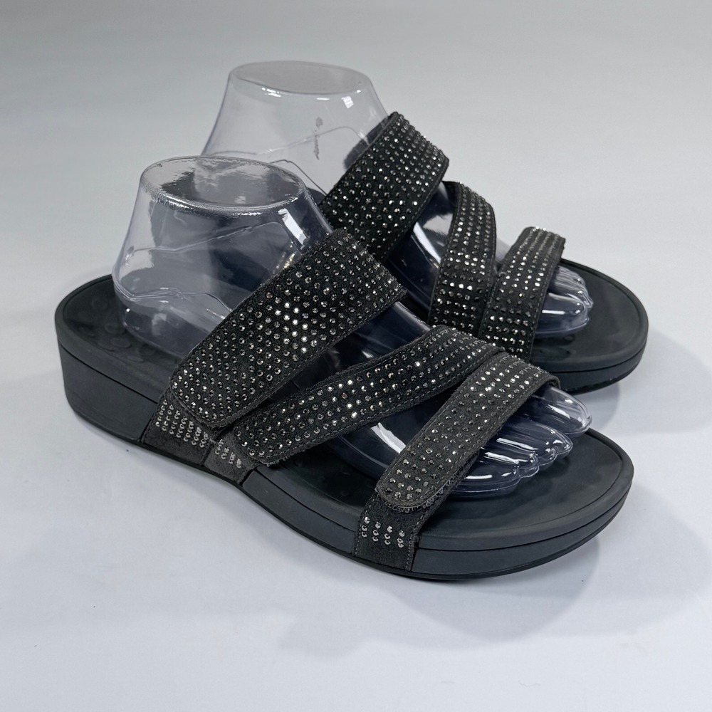 Vionic Alexis Sandals Womens 9W Gray Rhinestone Glam Comfort Strappy Wedge Slide